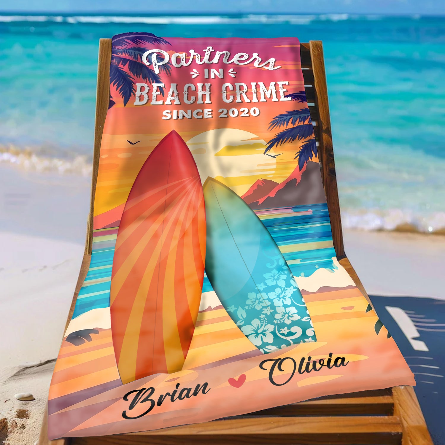 "Partners in Beach Crime" Beach Towel - Summer Vacation Gift, Birthday Pool Party Gift For Girlfriend/Boyfriend, Lovers, Husband/Wife