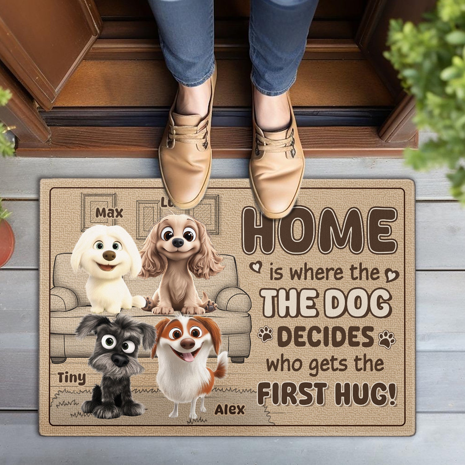 Home is Where the Dog Decides Who Gets the First Hug - Dog Personalized Custom Home Decor Decorative Mat - House Warming Gift For Pet Owners, Pet Lovers