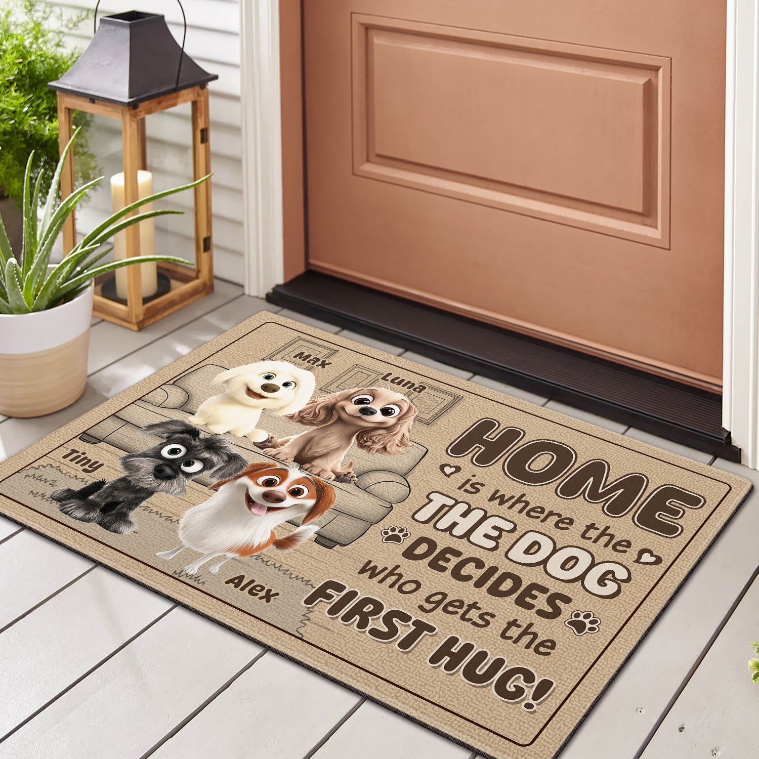 Home is Where the Dog Decides Who Gets the First Hug - Dog Personalized Custom Home Decor Decorative Mat - House Warming Gift For Pet Owners, Pet Lovers