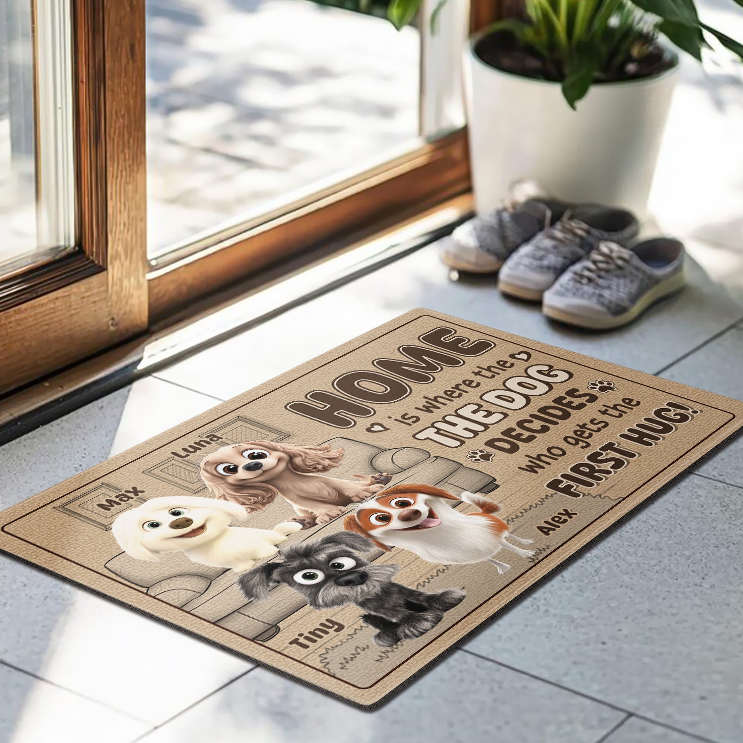 Home is Where the Dog Decides Who Gets the First Hug - Dog Personalized Custom Home Decor Decorative Mat - House Warming Gift For Pet Owners, Pet Lovers