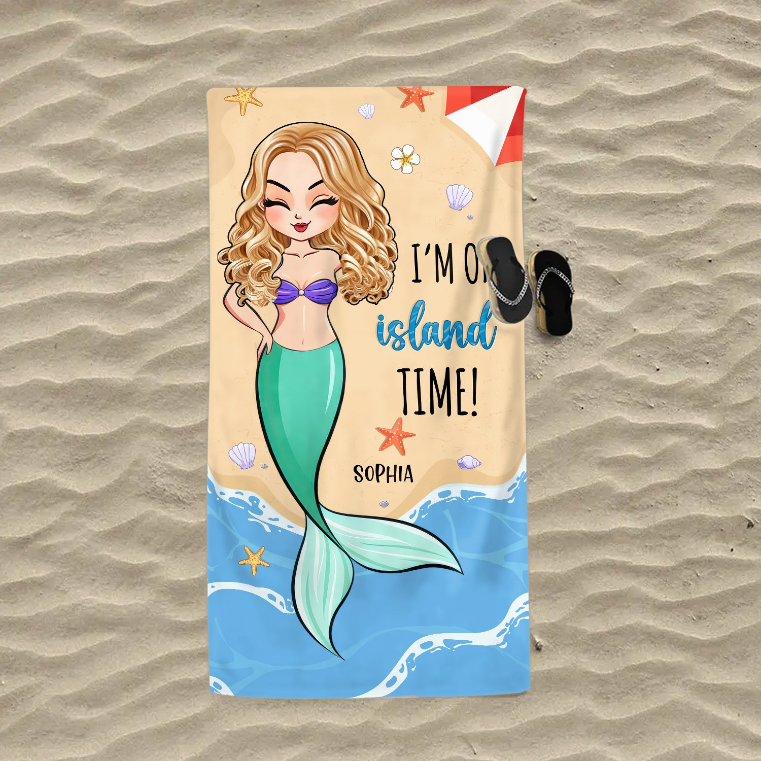 "Island Time" Mermaid Beach Towel - Personalized Summer Vibes Beach Towel - Summer Vacation Gift, Birthday Pool Party Gift For Best Friends, BFF, Sisters
