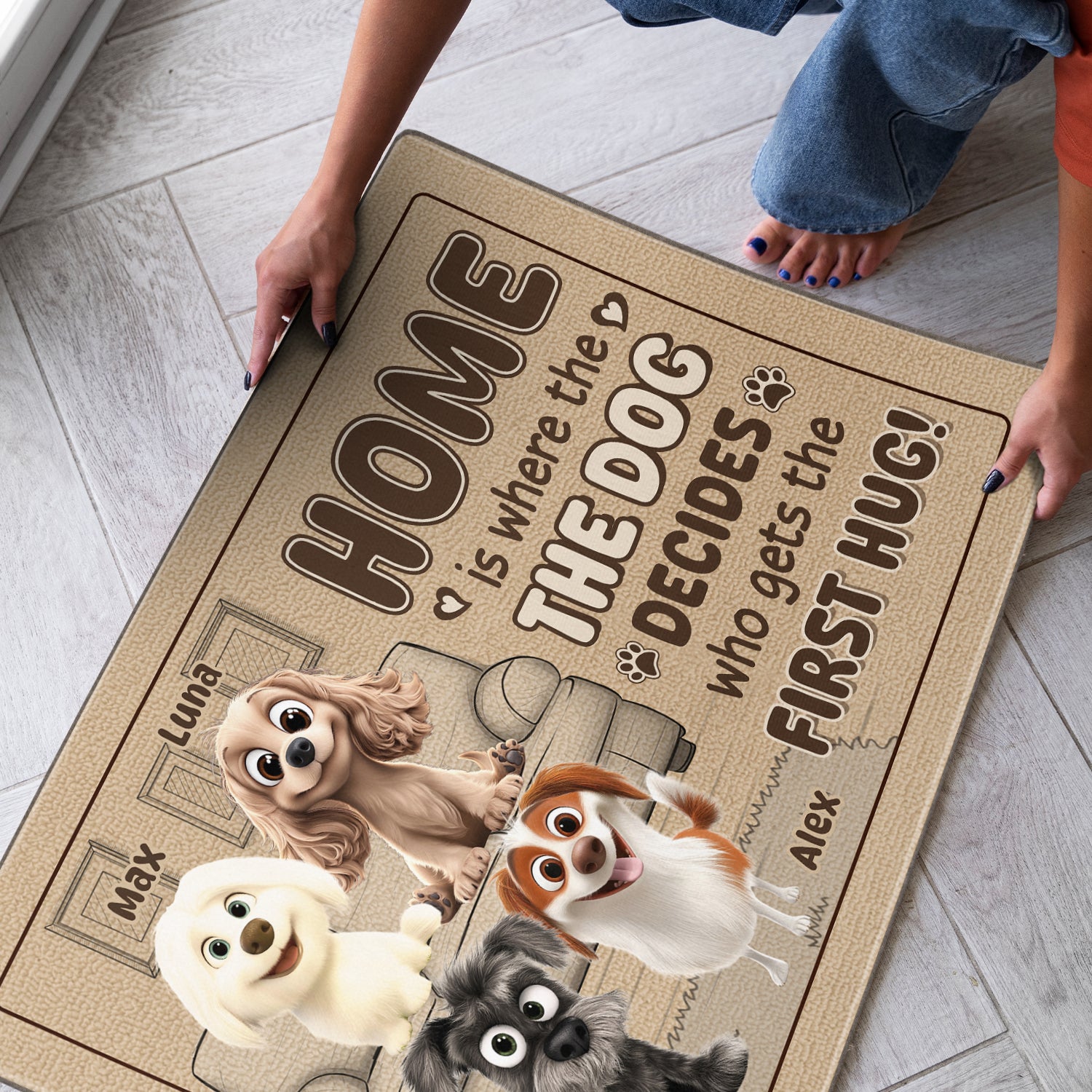Home is Where the Dog Decides Who Gets the First Hug - Dog Personalized Custom Home Decor Decorative Mat - House Warming Gift For Pet Owners, Pet Lovers